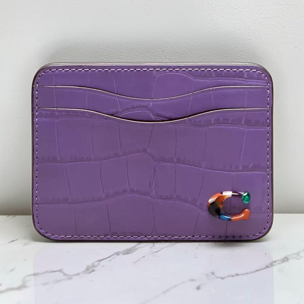 Coach Coachtopia Wavy Card Case Croc Embossed Leather Iris Purple CT386 NWT